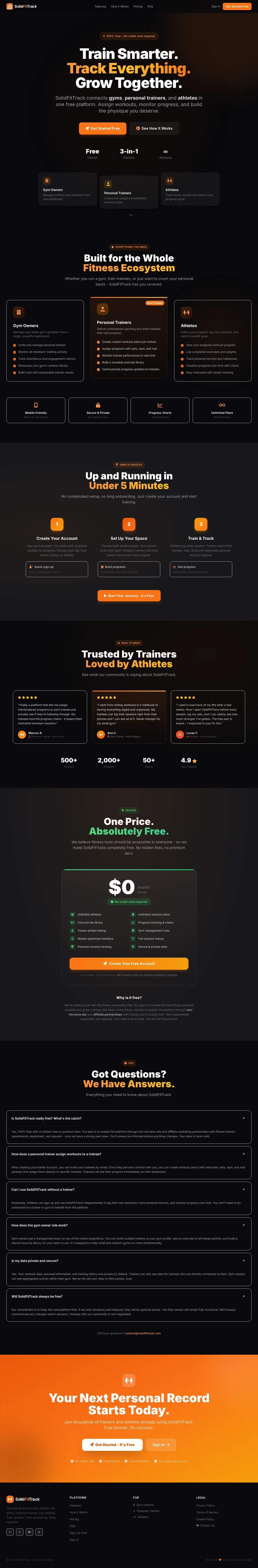 SolidFitTrack — pré-visualização da landing page completa